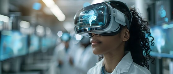 Healthcare students use immersive virtual screens in a futuristic training environment. Concept Healthcare, Students, Virtual Screens, Training, Futuristic Environment