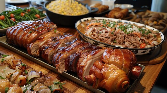 A Filipino feast featuring lechon, adobo, and halohalo, served at a family gathering