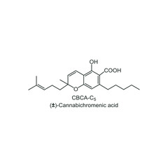 (±)-Cannabichromenic acid skeletal structure diagram. compound molecule scientific illustration on white background.