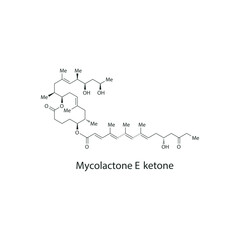 Mycolactone E ketone skeletal structure diagram.macrolide toxin compound molecule scientific illustration on white background.