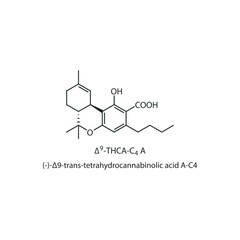 (-)-Δ9 -trans-tetrahydrocannabinolic acid A-C4 , Δ9 -THCA-C4 skeletal structure diagram.Cannabinoid compound molecule scientific illustration on white background.
