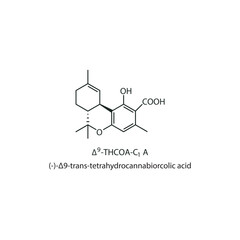 (-)-Δ9 -trans-tetrahydrocannabiorcolic acid, Δ9-THCOA-C1 A skeletal structure diagram.Cannabinoid compound molecule scientific illustration on white background.