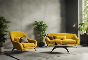 carpet wall living vase big sofa home yellow chair room grey bookshelf stone plant concept Decorative green interior - Powered by Adobe