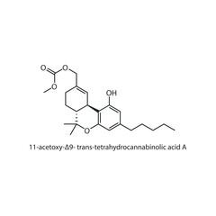 11-acetoxy-Δ9 - trans-tetrahydrocannabinolic acid A skeletal structure diagram. compound molecule scientific illustration on white background.