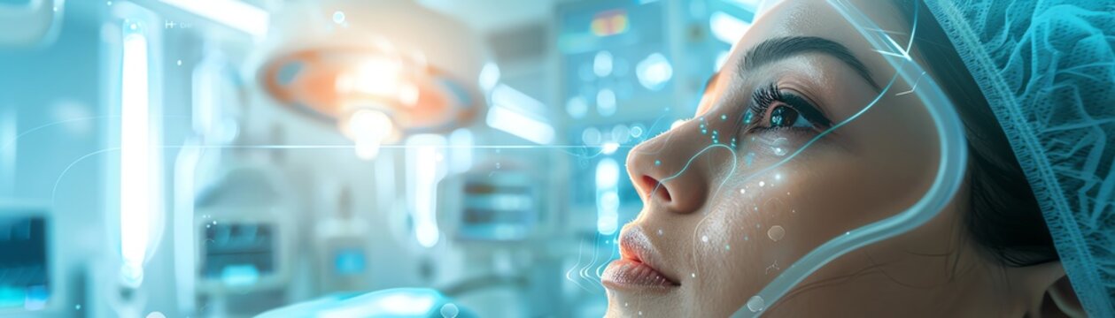 A focus on the anesthesia process in rhinoplasty, with detailed renders of the anesthesia equipment and patient prep