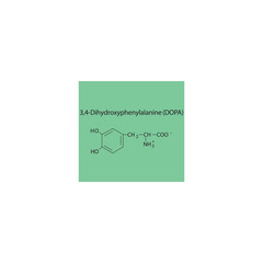 3,4-Dihydroxyphenylalanine (DOPA) skeletal structure diagram.Dopamine metabolite compound molecule scientific illustration on green background.