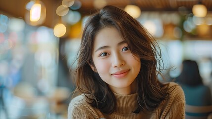 Obraz premium A woman in a cozy sweater indoors with beautiful bokeh lights illuminating the warm and inviting atmosphere around her, creating a sense of comfort and relaxation