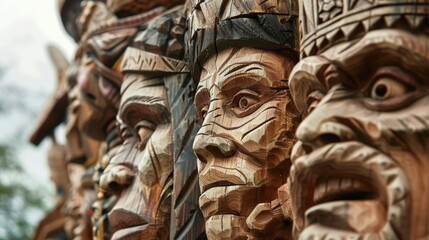 Closeup of a wooden sculpture depicting a blend of cultural symbols and mythological figures evoking the rich heritage and narrative of a particular community. .