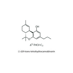 (-)-Δ9 -trans-tetrahydrocannabivarin, Δ9 -THCV-C3 skeletal structure diagram.Cannabinoid compound molecule scientific illustration on white background.