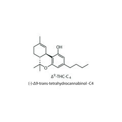 (-)-Δ9 -trans-tetrahydrocannabinol -C4, Δ9 -THC-C4 skeletal structure diagram.Cannabinoid compound molecule scientific illustration on white background.