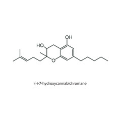 (-)-7-hydroxycannabichromane skeletal structure diagram. compound molecule scientific illustration on white background.