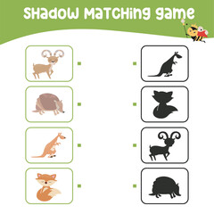 Matching shadow game for children. Find the correct shadow. Worksheet for kid. Printable activity page for kids. Learning Game. Vector file. 