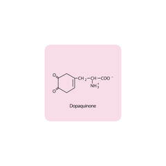 Dopaquinone skeletal structure diagram.Dopamine metabolite compound molecule scientific illustration on pink background.