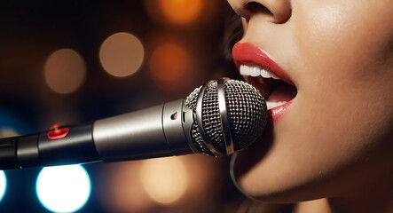 Closeup of mouth of a Professional Female Singer With Microphone, with selective focus and isolated party background, 