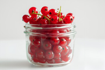 Red currants close-up in a simple glass jar. White background
