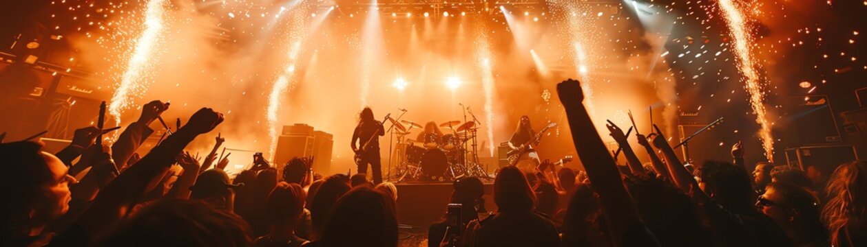 A heavy metal concert with pyrotechnics and strobe lights, emphasizing the intense energy of the band