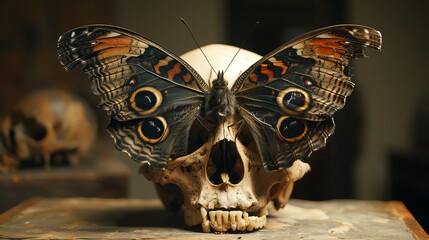 A macabre scene of a butterfly with wings that mimic eyes, perched ominously on a skull - obrazy, fototapety, plakaty