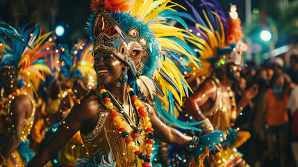 A jubilant Carnival samba parade with dancers in elaborate costumes.