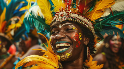 A jubilant Carnival samba parade with dancers in elaborate costumes.