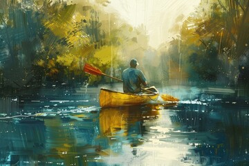 painting a man paddling a canoe down a river. Travel and adventure lifestyle with outdoor-