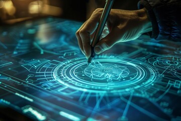 Image of a person using a digital pen to draw a diagram on a touch screen. - obrazy, fototapety, plakaty