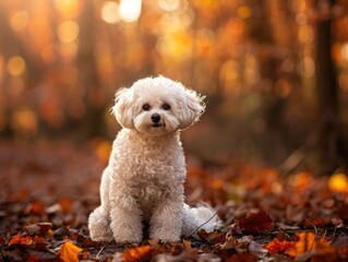 Bichon Frise sitting gracefully in a dense forest landscape