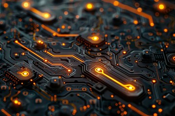 A close-up view of a complex circuit board, its pathways and components bathed in the warm glow of orange lights, symbolizing the pulse of modern technology - obrazy, fototapety, plakaty