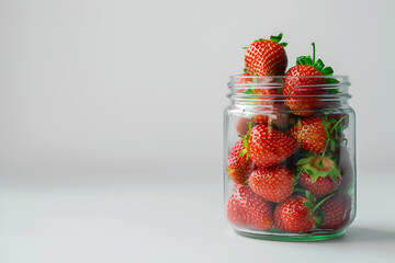 Strawberries close up in a simple glass jar. White background
