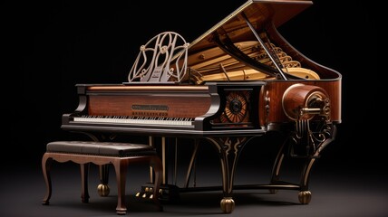 Luxurious grand piano standing on a stage in a big concert hall. Perfect black glossy paint shines...