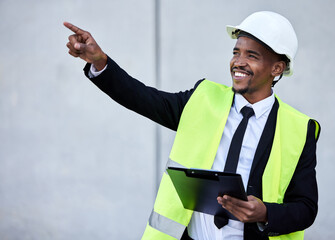 Engineer, black man or architect pointing on site for checklist clipboard for engineering, building...