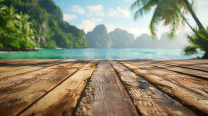 old wooden floor with beach background