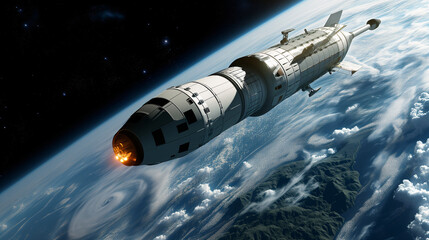 A futuristic spacecraft orbiting the Earth, embarking on a journey to explore outer space