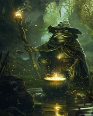 A fantasy artwork featuring a frog wizard casting spells, with a staff topped by a glowing orb, sitting beside a bubbling cauldron in a dark, enchanted swamp