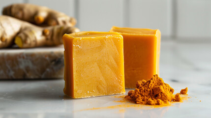 Concept photo of handmade soap with turmeric, curcumin. close-up. Beauty industry advertising photo.
