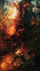 A surreal scene featuring a fiery abyss with twisted, charred structures and shadowy figures moving through the flames, symbolizing torment and despair - obrazy, fototapety, plakaty