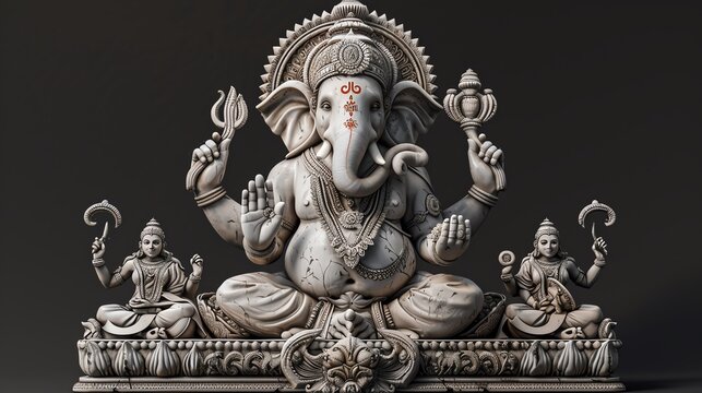 A realistic 3D render of Ganesha with his consort Siddhi and Buddhi, illustrating his role in fostering prosperity and wisdom