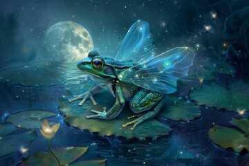 A vivid illustration of a fantasy frog with shimmering, translucent wings perched on a lily pad in a mystical pond, glowing under the light of a full moon