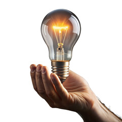 Hand holding a glowing light bulb on a clear background
