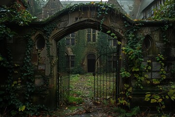 An abandoned manor overtaken by creeping ivy and wild growth, with an open gate leading to a neglected garden, suggesting tales of forgotten histories and spectral inhabitants - obrazy, fototapety, plakaty
