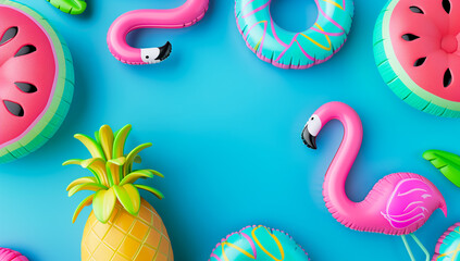Summer pool party toys. Isolated inflatable swim floats, flamingo, watermelon, pineapple colourful water toy rings for kids. 3D render cartoon for tropical ocean vacation copy space banner - obrazy, fototapety, plakaty