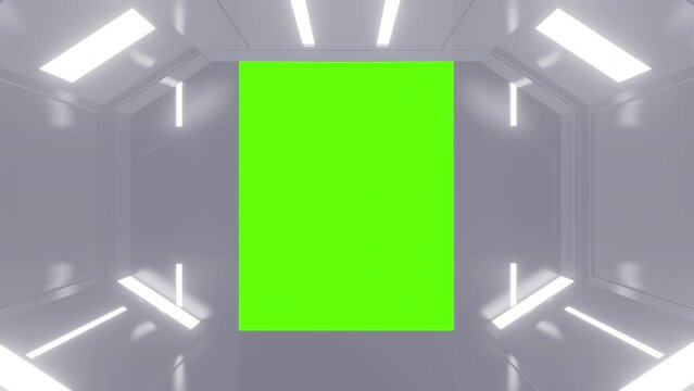 Futuristic opening gate or door in white moving sci fi technology tunnel or room. Realistic digital animation with green chroma key.