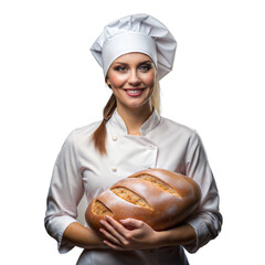 Professional female chef smiling, holding fresh bread loaf