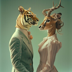 Tiger and gazelle dressed in suits. The colors are green and pale pink