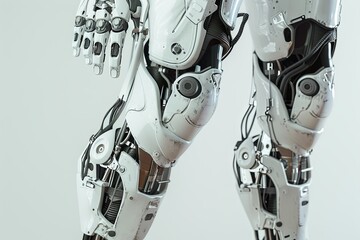 Detailed view of the advanced prosthetic robotic legs, showcasing intricate joints and mechanisms in action. Generative AI