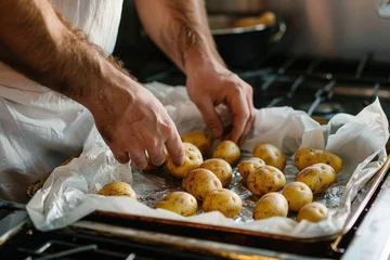 Fotobehang A person seasoning potatoes before roasting, preparing a home-cooked meal © detry26