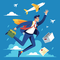 Skybound Success: Navigating Global Business as a Traveling Businessman, businessman with airplane, illustration, vector