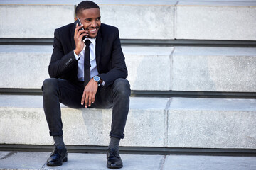 African businessman, city and phone call with smile, planning and schedule for urban law firm....
