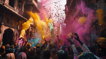 A jubilant Holi celebration with bright splashes of colored powder filling the air.