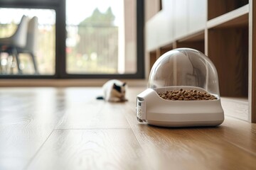 Cat lying in background with automatic feeder in focus, depicting pet care and modern convenience - obrazy, fototapety, plakaty