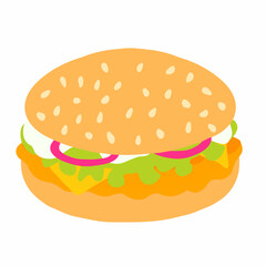 Burger with chicken cutlet, cheese, salad, onion and sauce icon in cartoon flat style. Vector illustration isolated on white background. For menu, poster, infographic, restaurant.